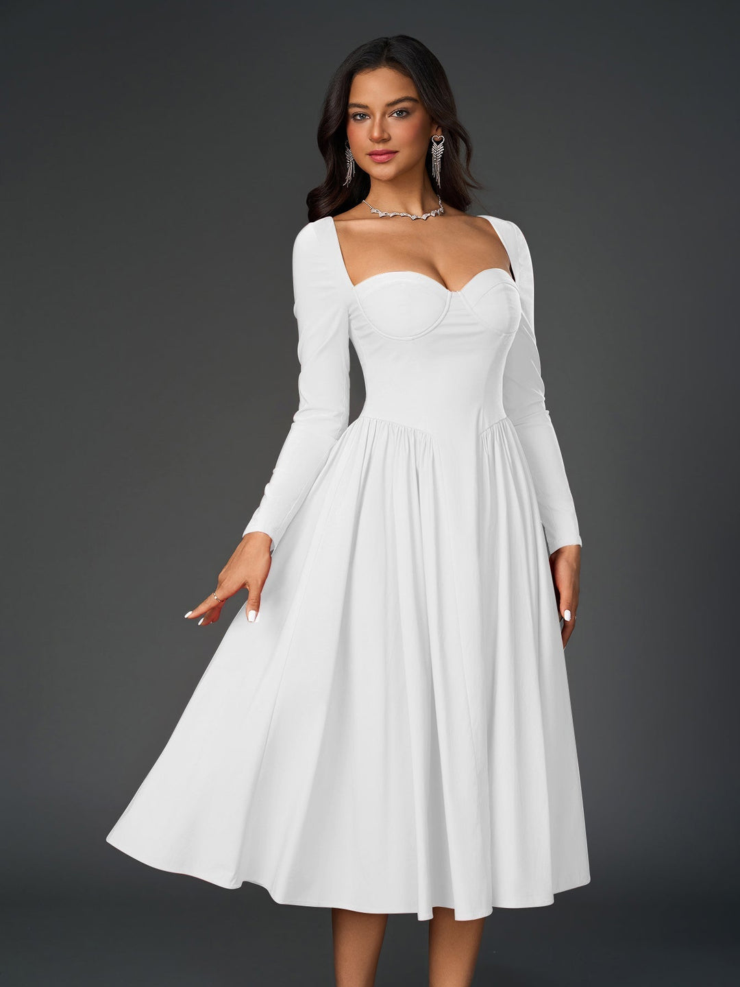 Womens A-Line Maxi Dress Long Sleeve Tie Back Sweetheart Neckline