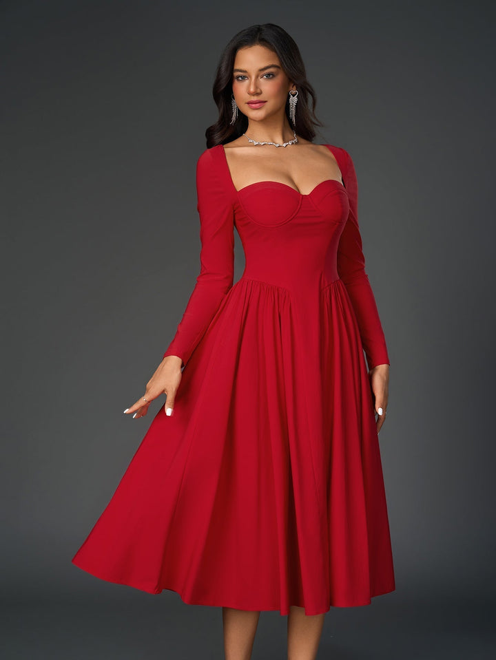Womens A-Line Maxi Dress Long Sleeve Tie Back Sweetheart Neckline