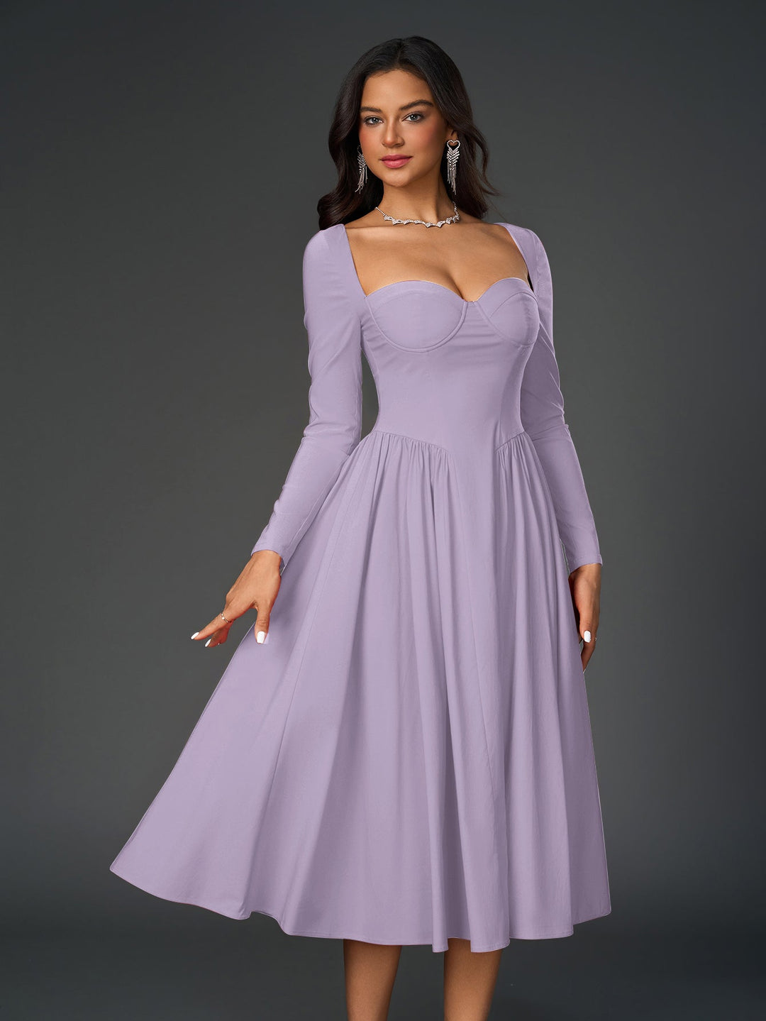 Womens A-Line Maxi Dress Long Sleeve Tie Back Sweetheart Neckline