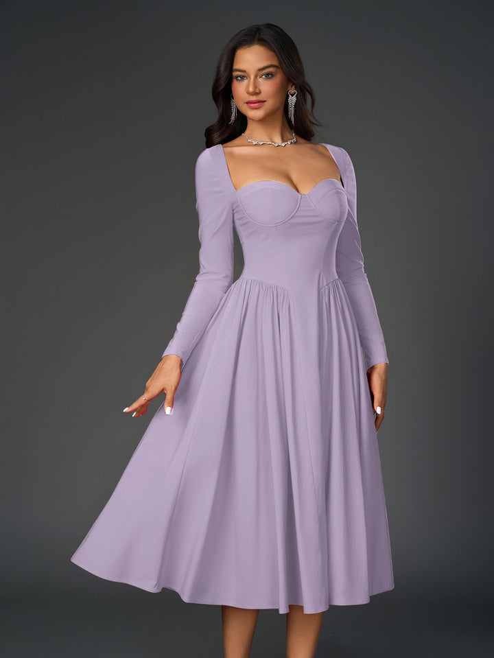 Womens A-Line Maxi Dress Long Sleeve Tie Back Sweetheart Neckline