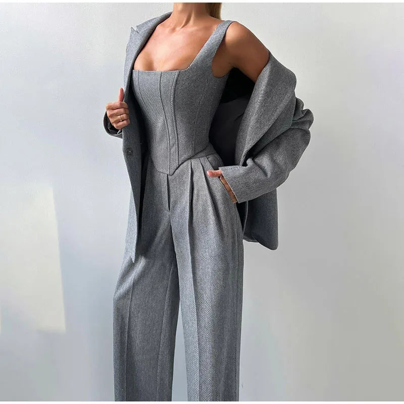 Womens Tailored Blazer and Corset Top with High-Waisted Trousers Set