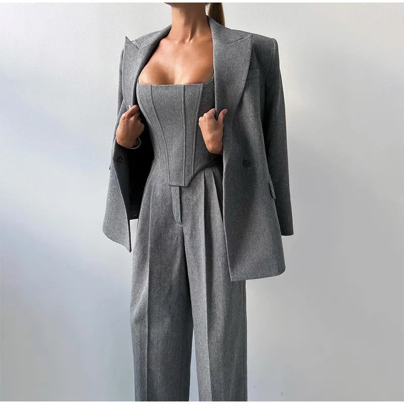 Womens Tailored Blazer and Corset Top with High-Waisted Trousers Set