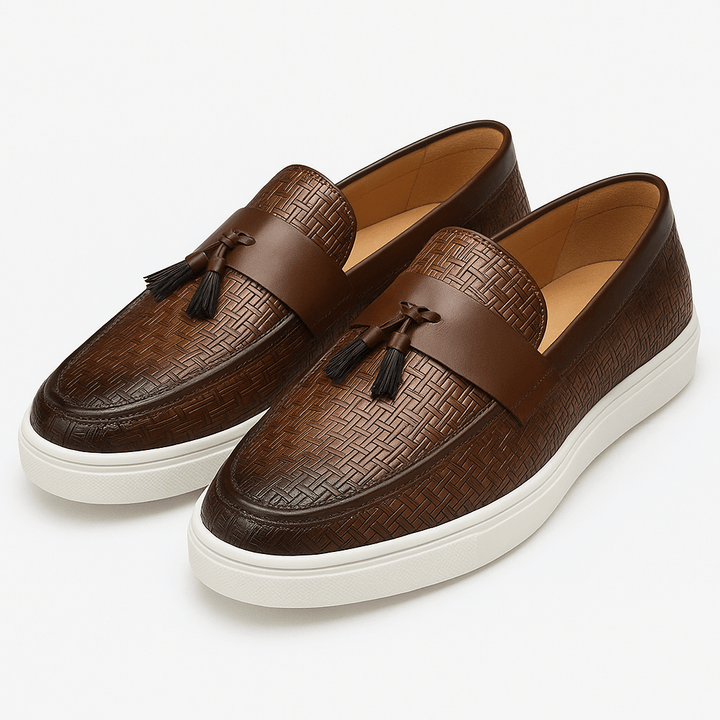 Mens Leather Loafers Woven Tassel Slip-On