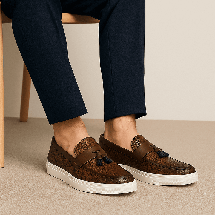 Mens Leather Loafers Woven Tassel Slip-On