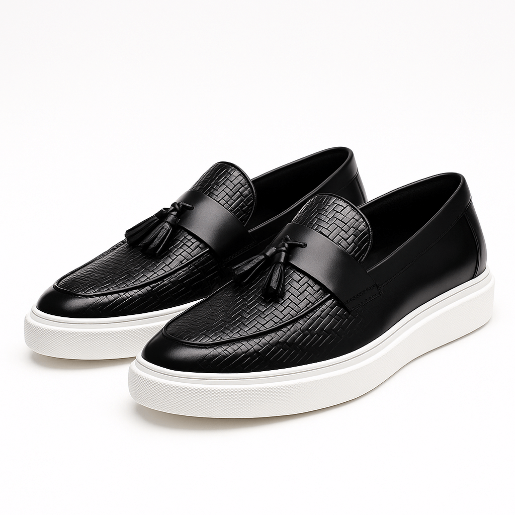 Mens Leather Loafers Woven Tassel Slip-On