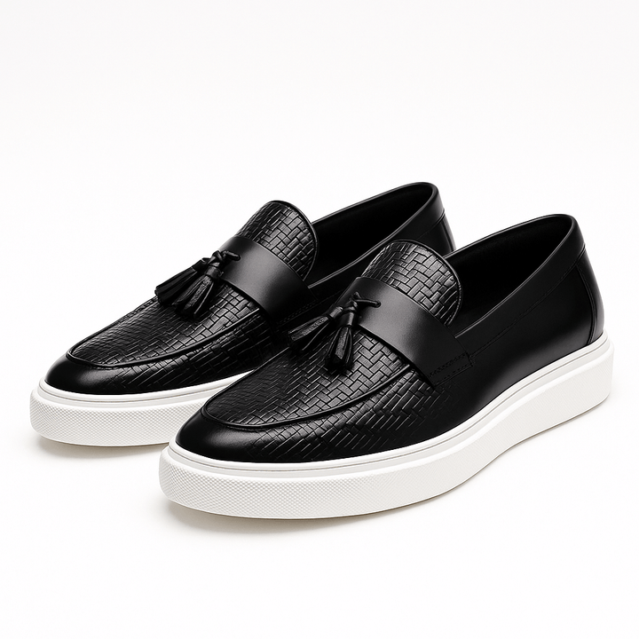 Mens Leather Loafers Woven Tassel Slip-On