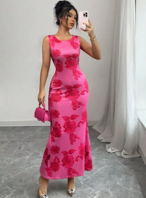 Womens Evening Dress with Floral Design Long Length - BritishMode