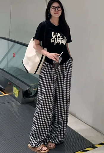 Womens Checked Pants High Waist Comfortable Fit - BritishMode