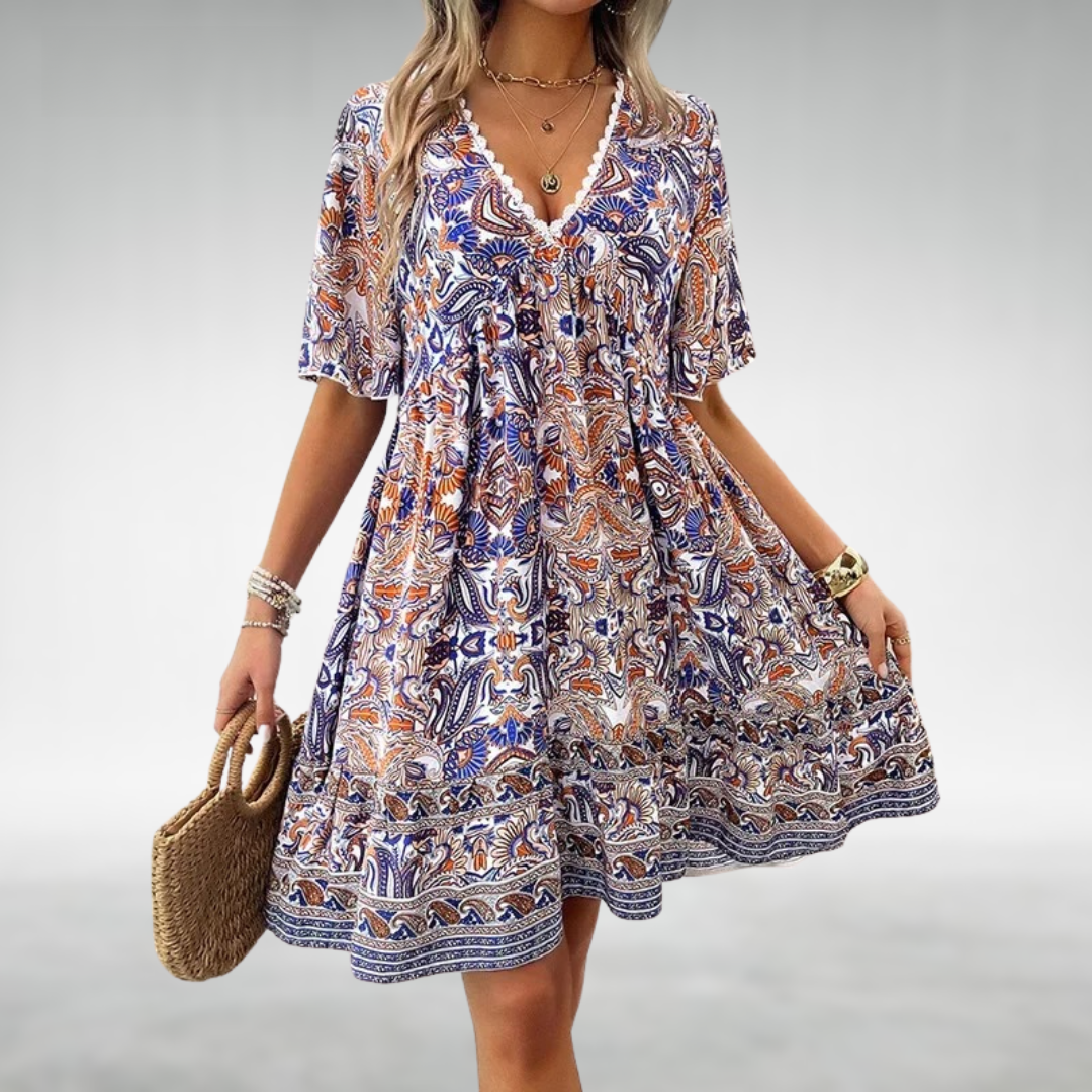 Womens Boho Mini Dress Printed V-Neck