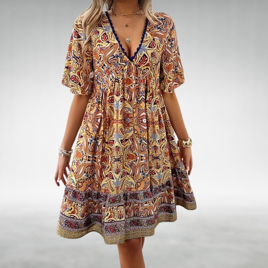 Womens Boho Mini Dress Printed V-Neck