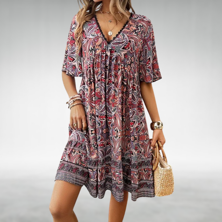 Womens Boho Mini Dress Printed V-Neck