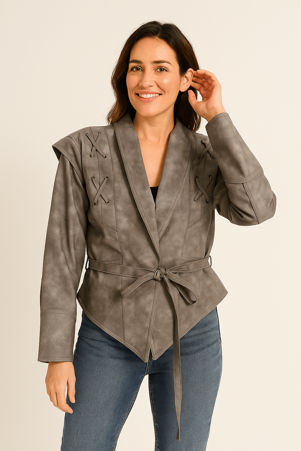Womens Leather Winter Jacket with Waist Tie Classic Fit