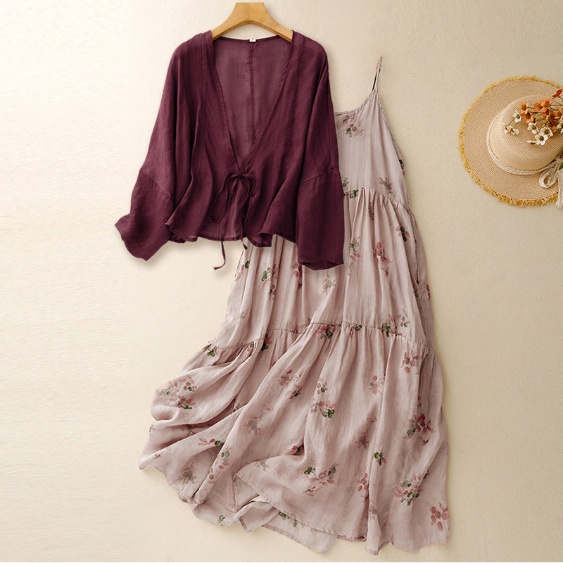Womens Two-Piece Set Cardigan and Maxi Dress Knit Relaxed Fit V-Neck - BritishMode