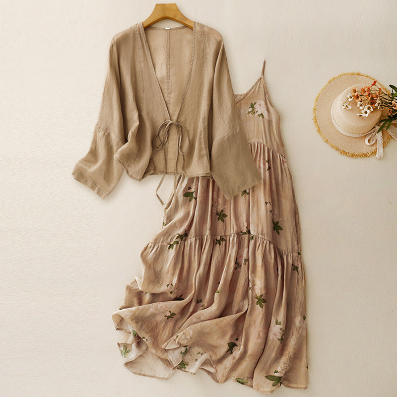 Womens Two-Piece Set Cardigan and Maxi Dress Knit Relaxed Fit V-Neck