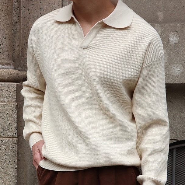 Mens Polo Shirt Waffle Knit V-Collar
