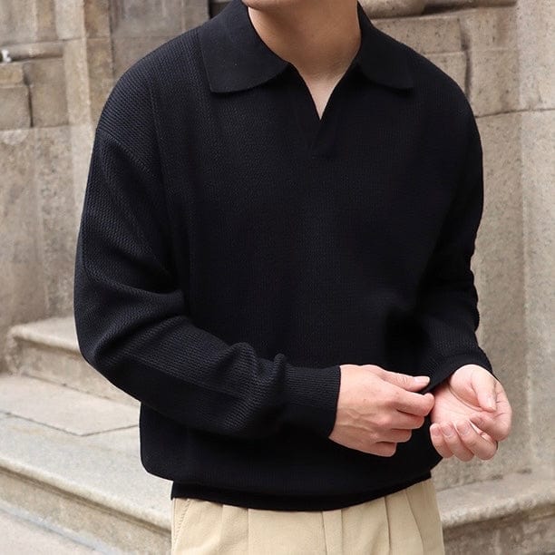 Mens Polo Shirt Waffle Knit V-Collar