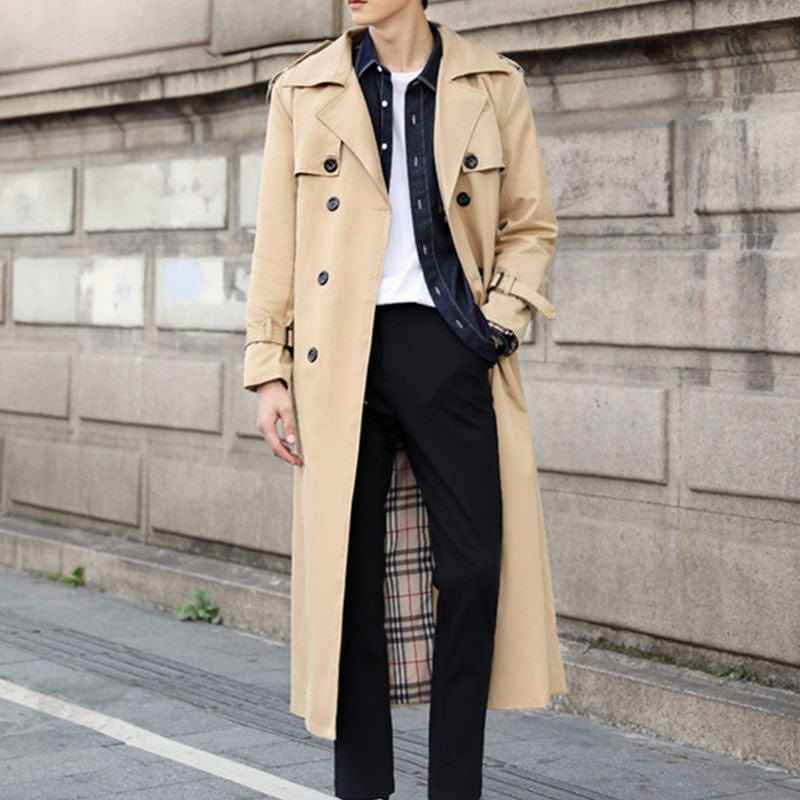 Mens Long Trench Coat with Buttons Classic Fit - BritishMode