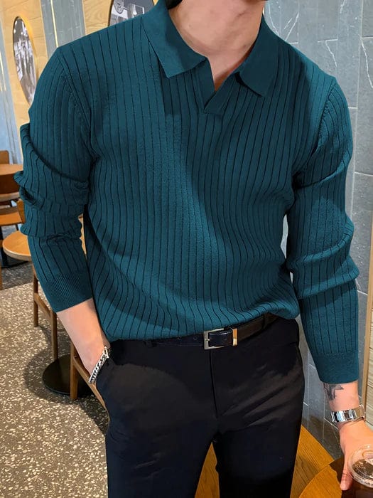 Mens Ribbed Polo Sweater V-Neck Long Sleeve - BritishMode
