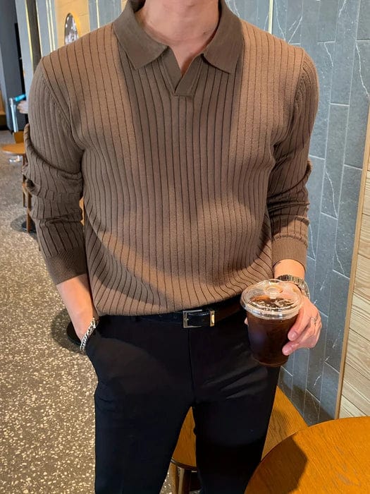 Mens Ribbed Polo Sweater V-Neck Long Sleeve