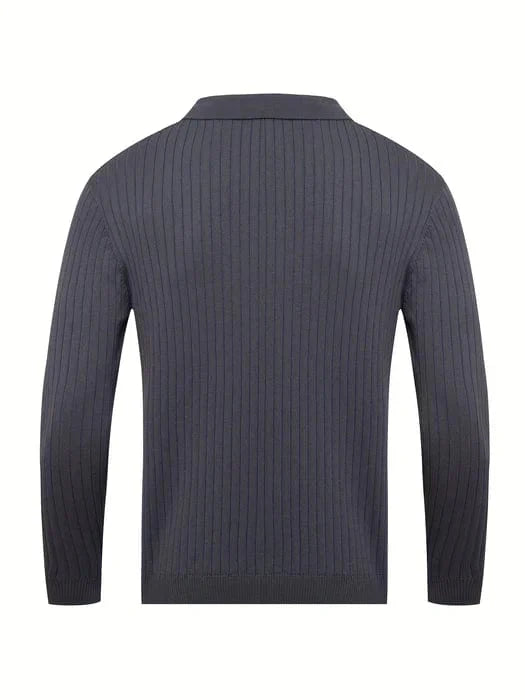 Mens Ribbed Polo Sweater V-Neck Long Sleeve