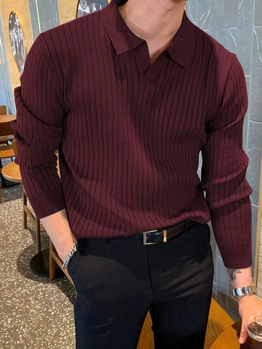 Mens Ribbed Polo Sweater V-Neck Long Sleeve