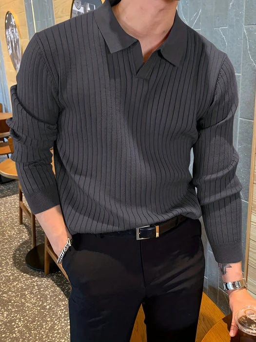Mens Ribbed Polo Sweater V-Neck Long Sleeve