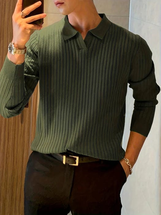 Mens Ribbed Polo Sweater V-Neck Long Sleeve