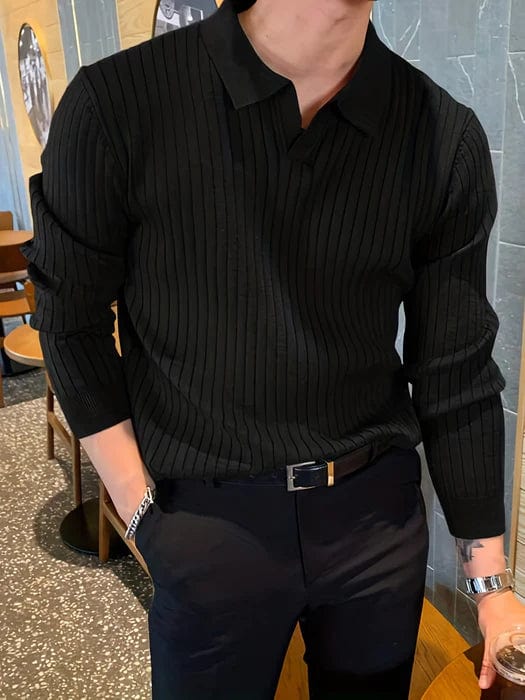 Mens Ribbed Polo Sweater V-Neck Long Sleeve
