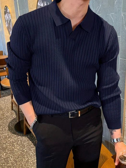 Mens Ribbed Polo Sweater V-Neck Long Sleeve