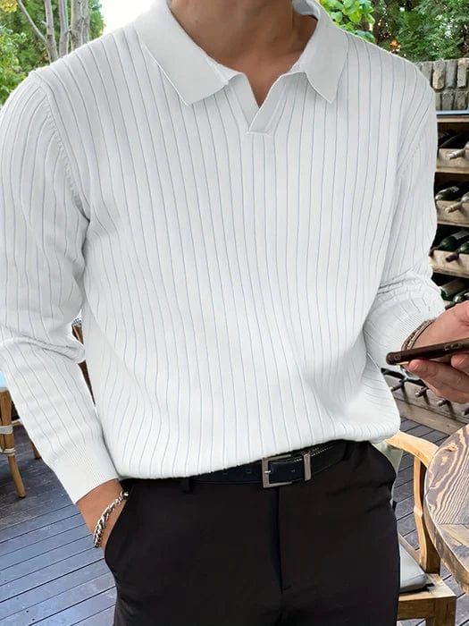 Mens Ribbed Polo Sweater V-Neck Long Sleeve
