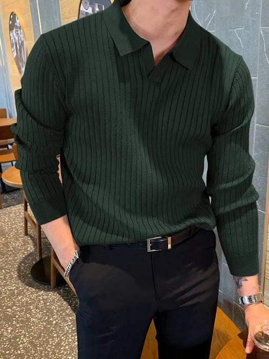 Mens Ribbed Polo Sweater V-Neck Long Sleeve