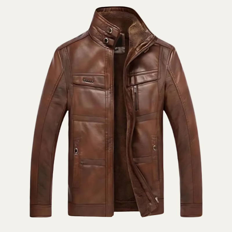 Mens Leather Jacket Stand Collar Multi Pocket Design