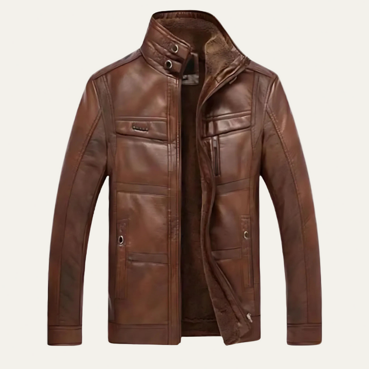 Mens Leather Jacket Stand Collar Multi Pocket Design
