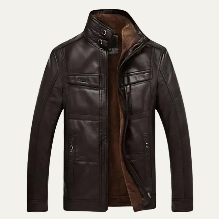 Mens Leather Jacket Stand Collar Multi Pocket Design