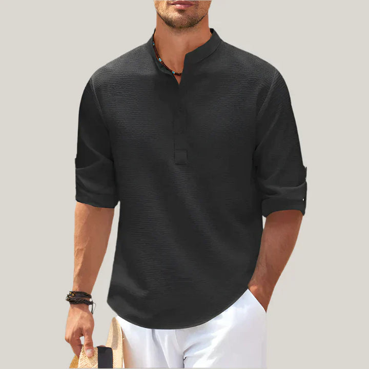 Mens Linen Shirt Lightweight Summer Stand Collar