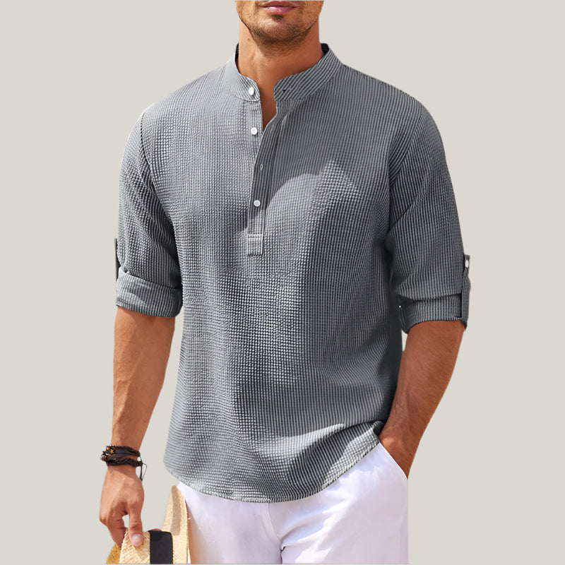 Mens Linen Shirt Lightweight Summer Stand Collar
