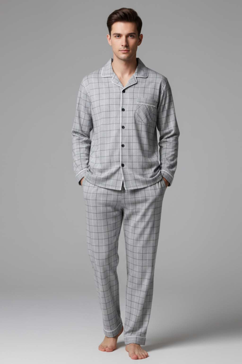 Mens Sleepwear Set Cotton Blend Long Sleeve