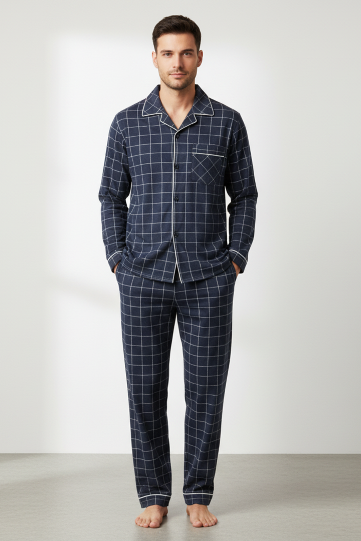 Mens Sleepwear Set Cotton Blend Long Sleeve