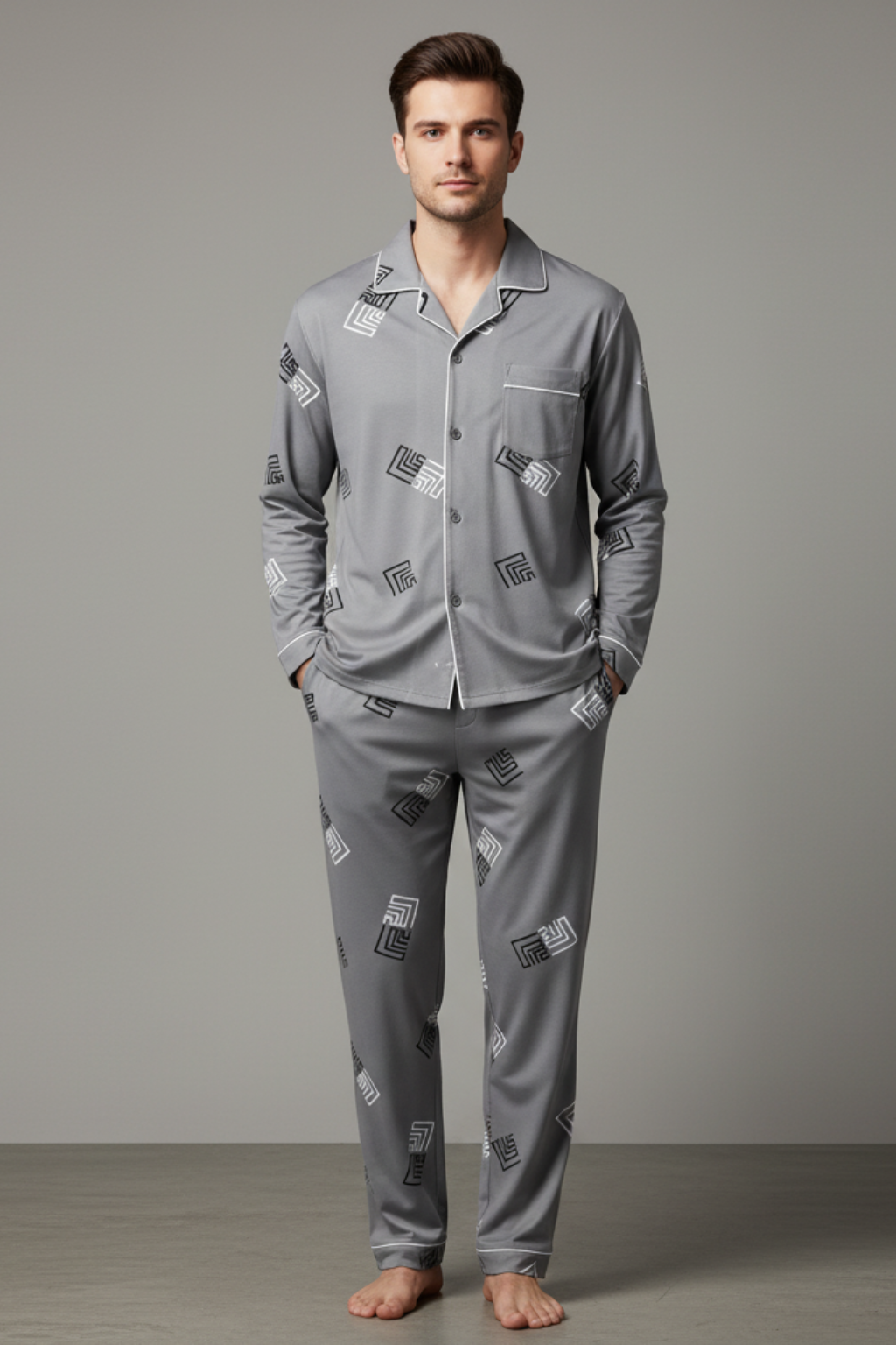 Mens Sleepwear Set Cotton Blend Long Sleeve