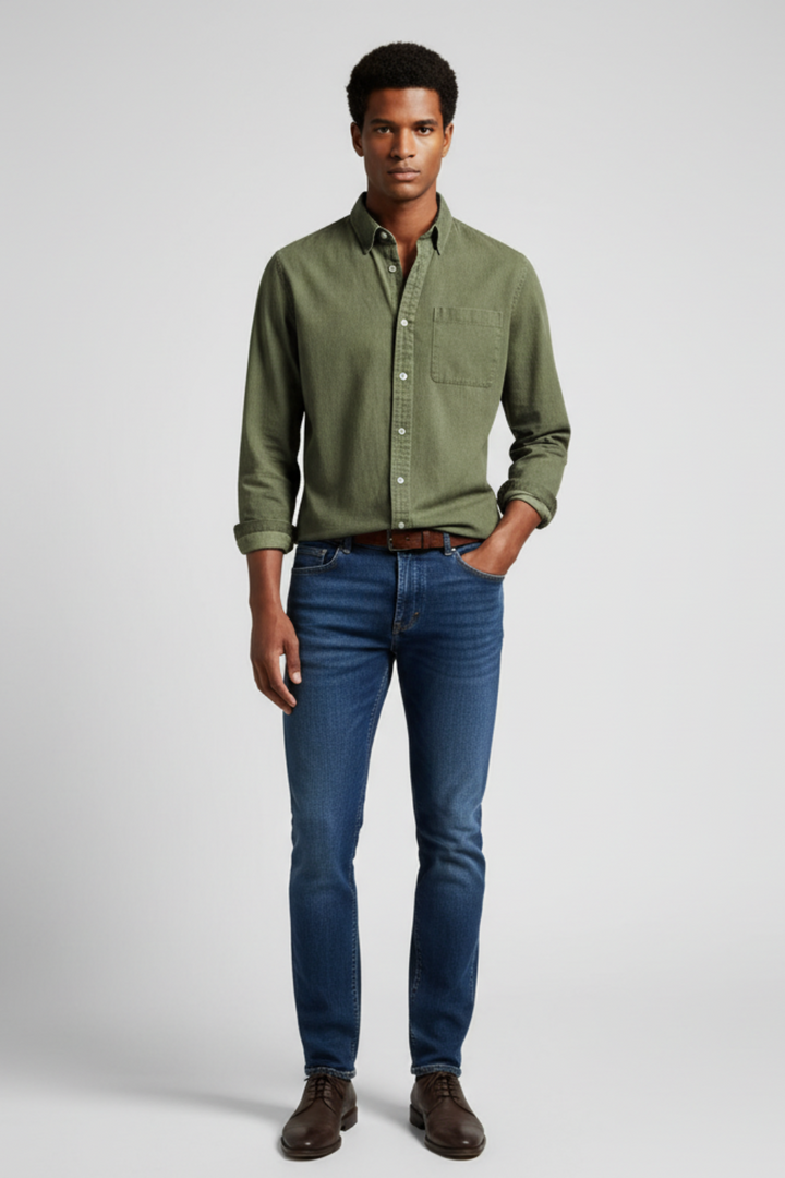 Mens Long Sleeve Shirt Cotton Button-Up Classic Fit - BritishMode