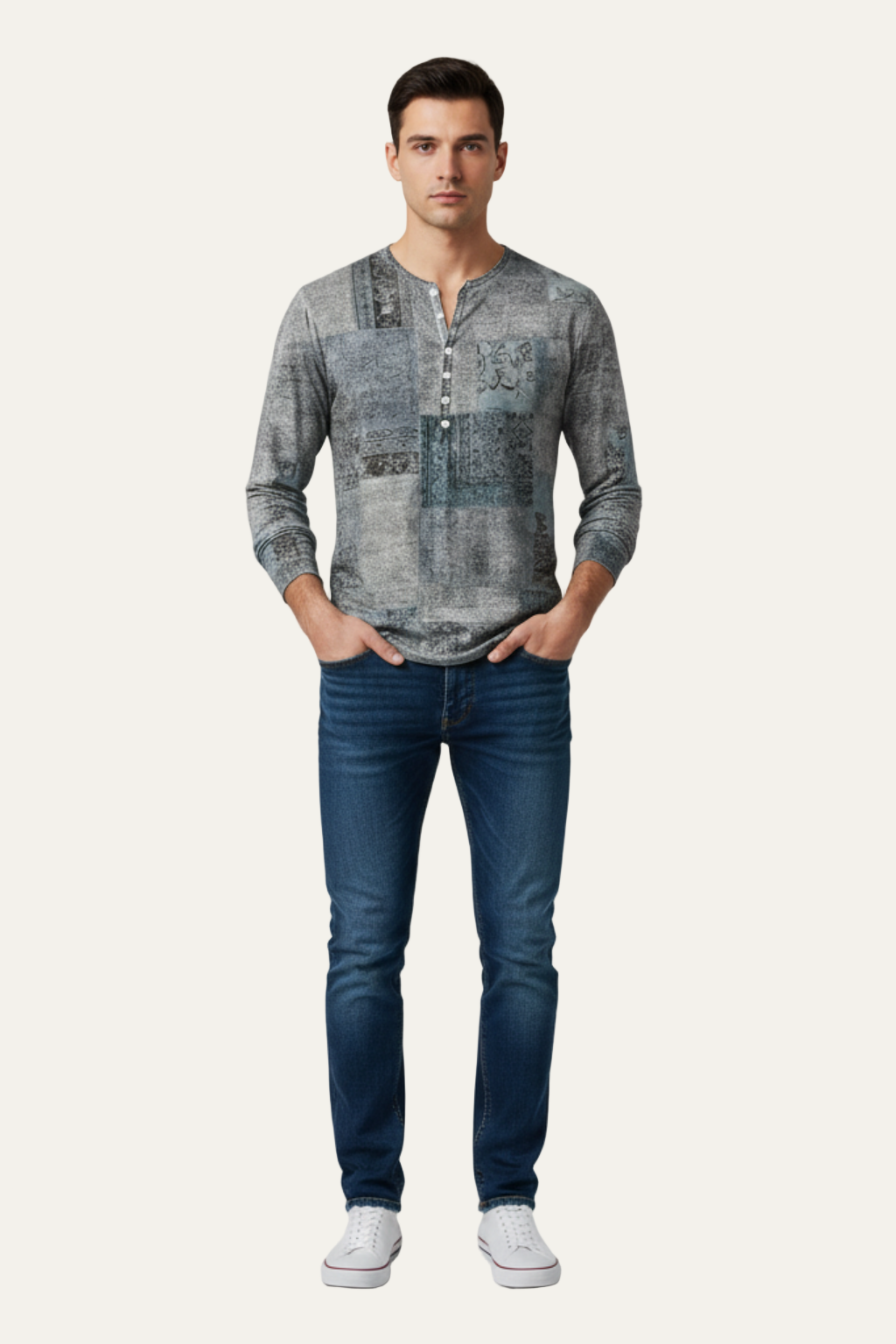 Mens Long Sleeve Henley Shirt Printed Design