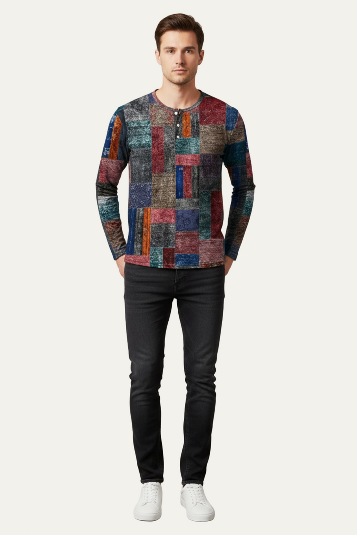 Mens Long Sleeve Henley Shirt Printed Design