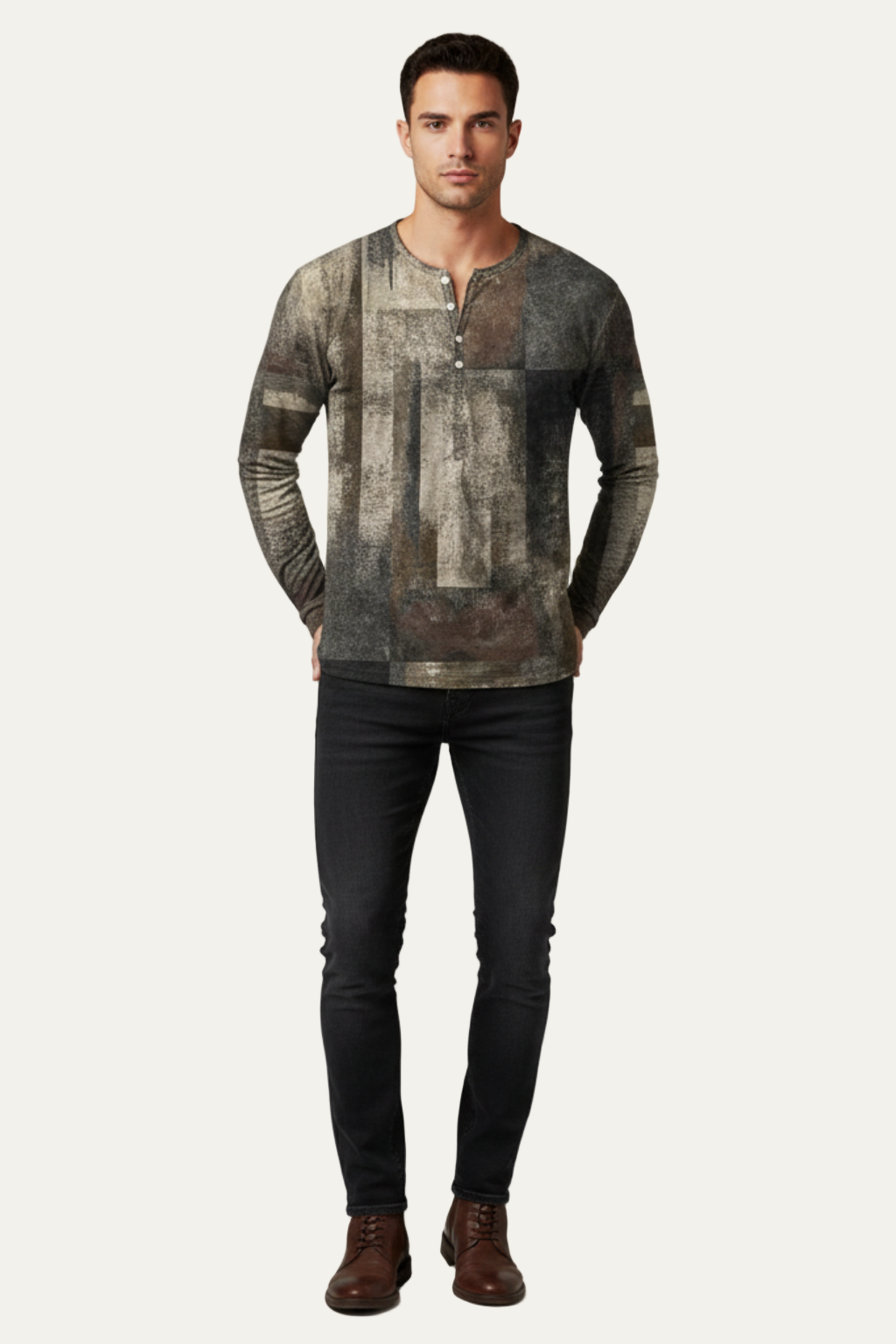 Mens Long Sleeve Henley Shirt Printed Design
