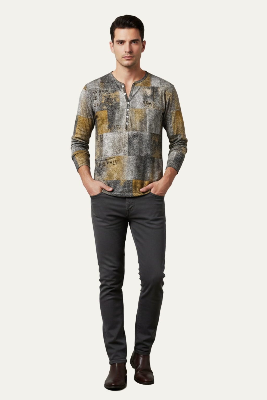 Mens Long Sleeve Henley Shirt Printed Design