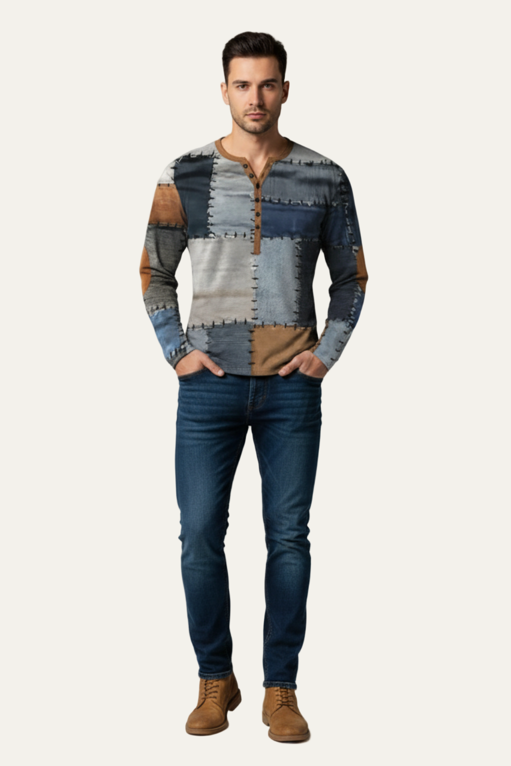Mens Long Sleeve Henley Shirt Printed Design - BritishMode