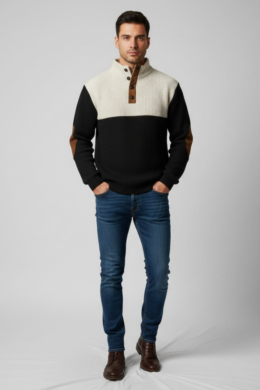 Mens Ribbed Pullover Sweater Quarter-Button Elbow Patch - BritishMode