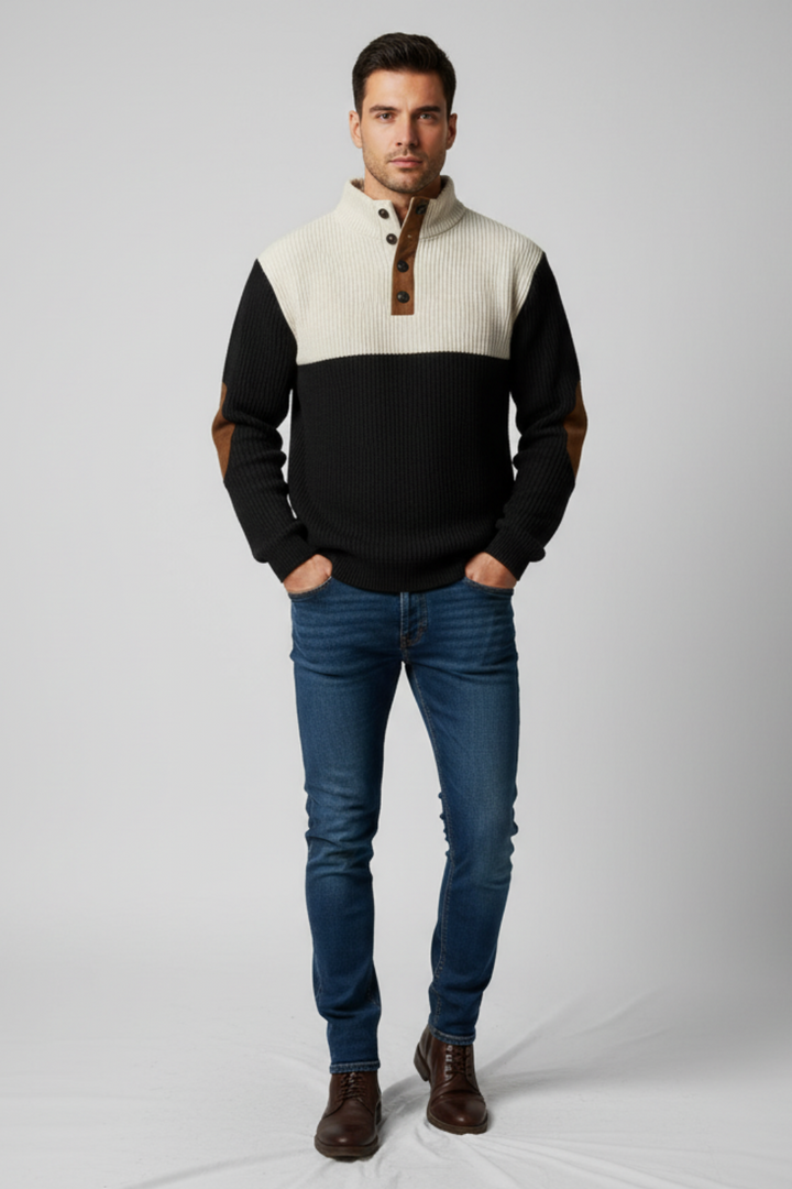 Mens Ribbed Pullover Sweater Quarter-Button Elbow Patch - BritishMode