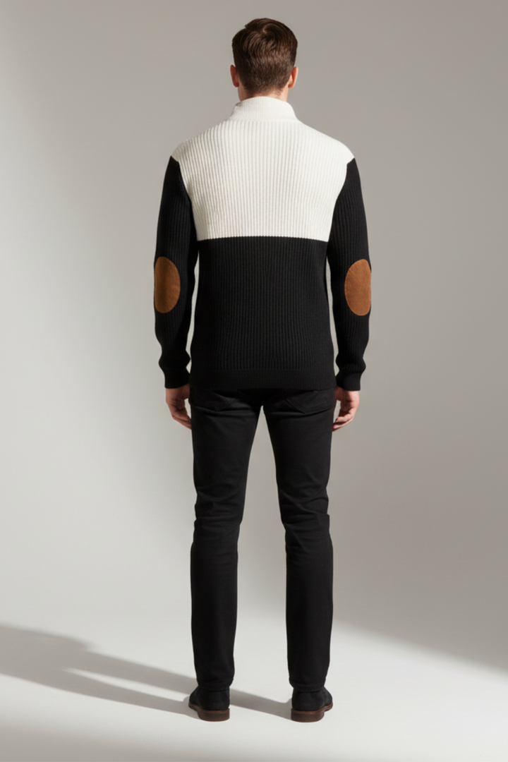 Mens Ribbed Pullover Sweater Quarter-Button Elbow Patch