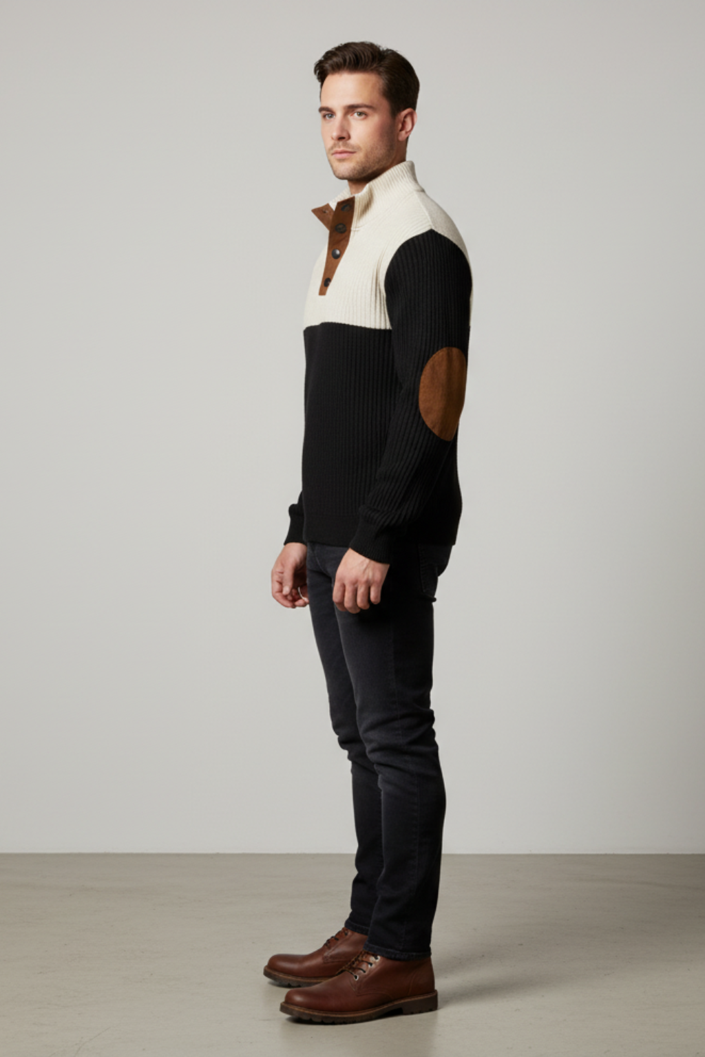 Mens Ribbed Pullover Sweater Quarter-Button Elbow Patch
