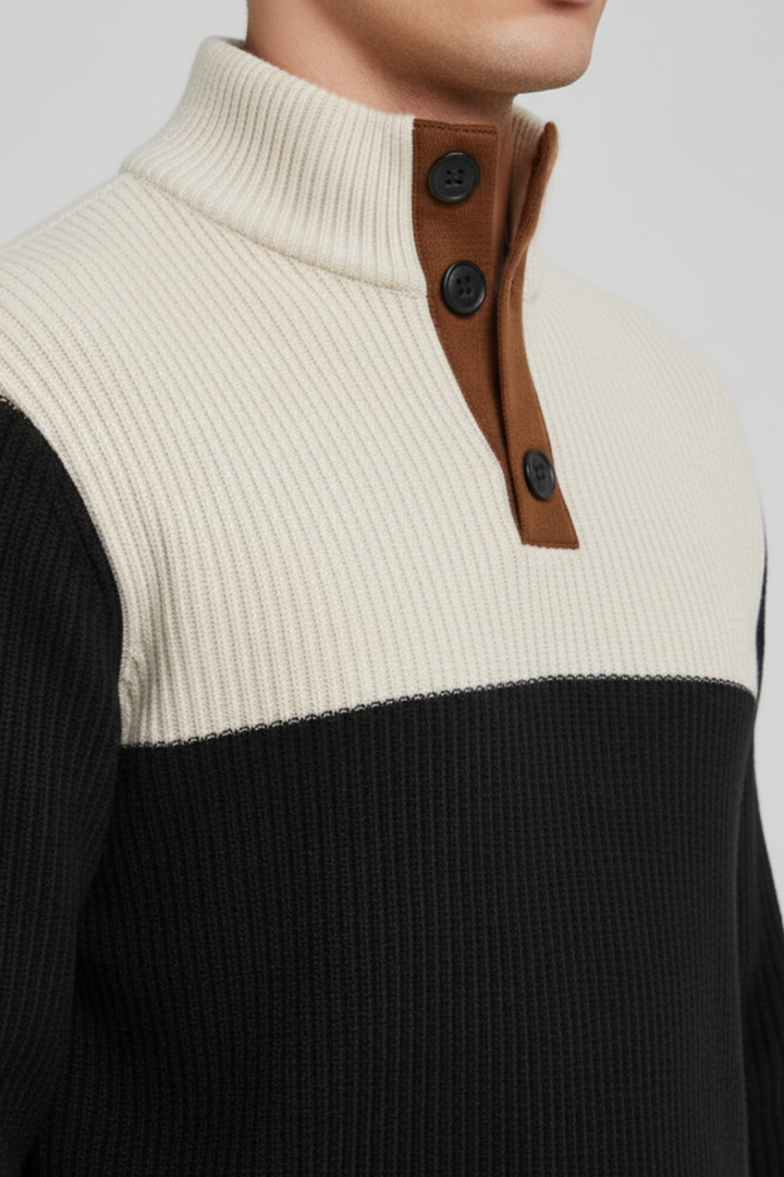 Mens Ribbed Pullover Sweater Quarter-Button Elbow Patch